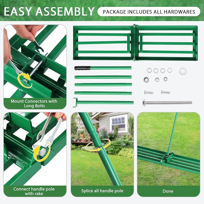 VINGLI Iron Lawn Leveling Rake 30in for Soil Sand Composs, Extended Handle, 180°Rotation Head, with All Handwares, for Yard Garden Golf Field, Green (30in)