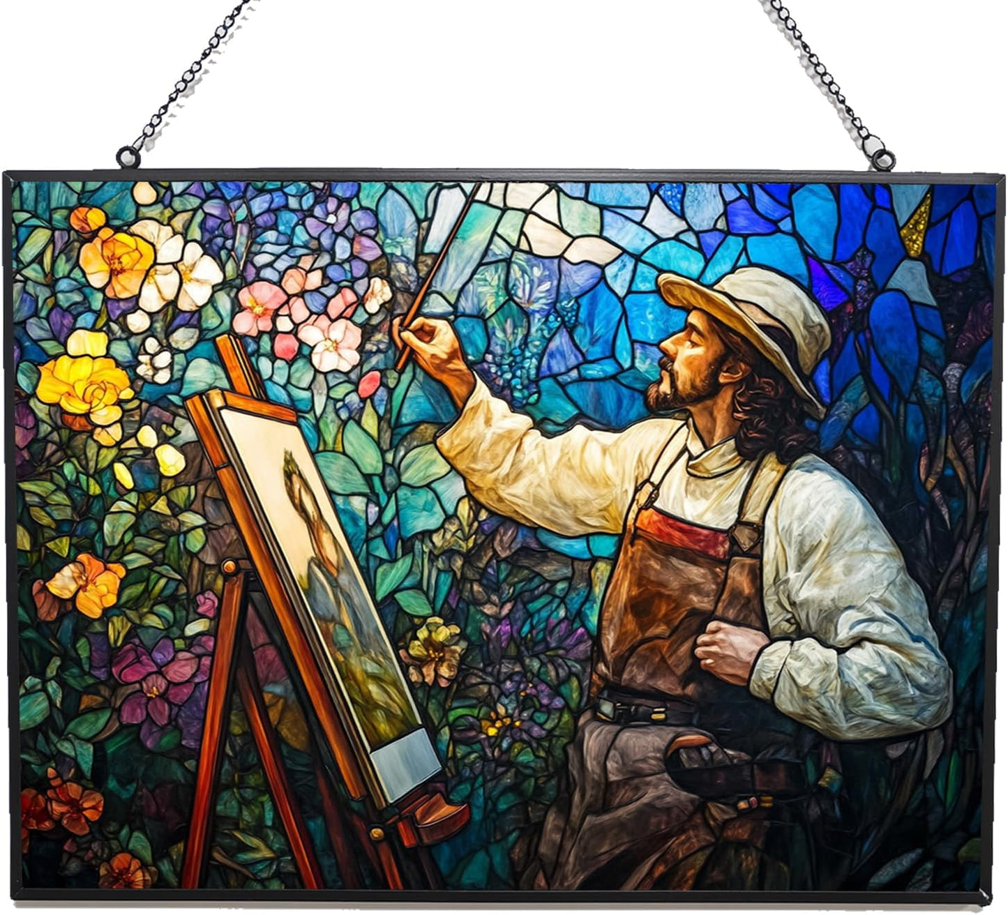 Customized Rectangle Art Nouveau Blooming Painter Stained Glass Window Hangings, Handcrafted Stained Glass Suncatchers, Gift for Cat Lovers Nature Lovers 15"x11"
