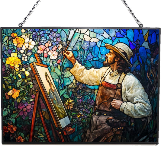 Customized Rectangle Art Nouveau Blooming Painter Stained Glass Window Hangings, Handcrafted