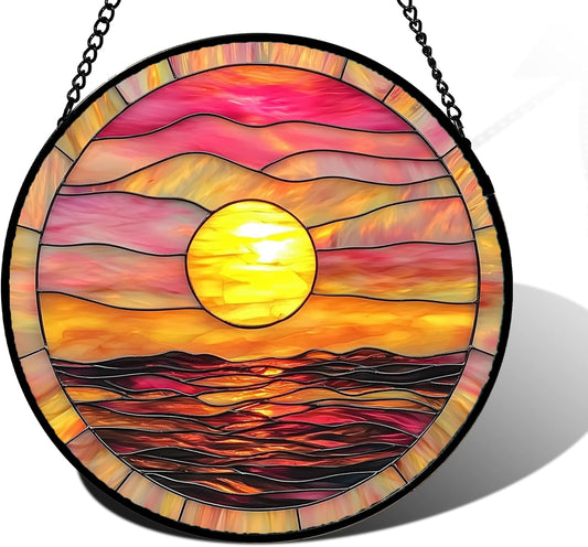 Stained Glass Window Hanging, Sunrise Sea Surface Sun Catchers Diamond Glass Panel Hangings