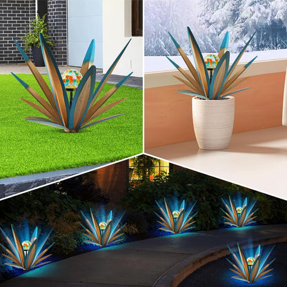 TOMBABY Solar Rustic Garden Style Metal Agave Plants Outdoor Patio, Home Decor Hand-Painted Metal Agave Garden Patio Statues, Suitable for Desert Areas, Outdoor Lawn Decorations (1 Solar Bule)
