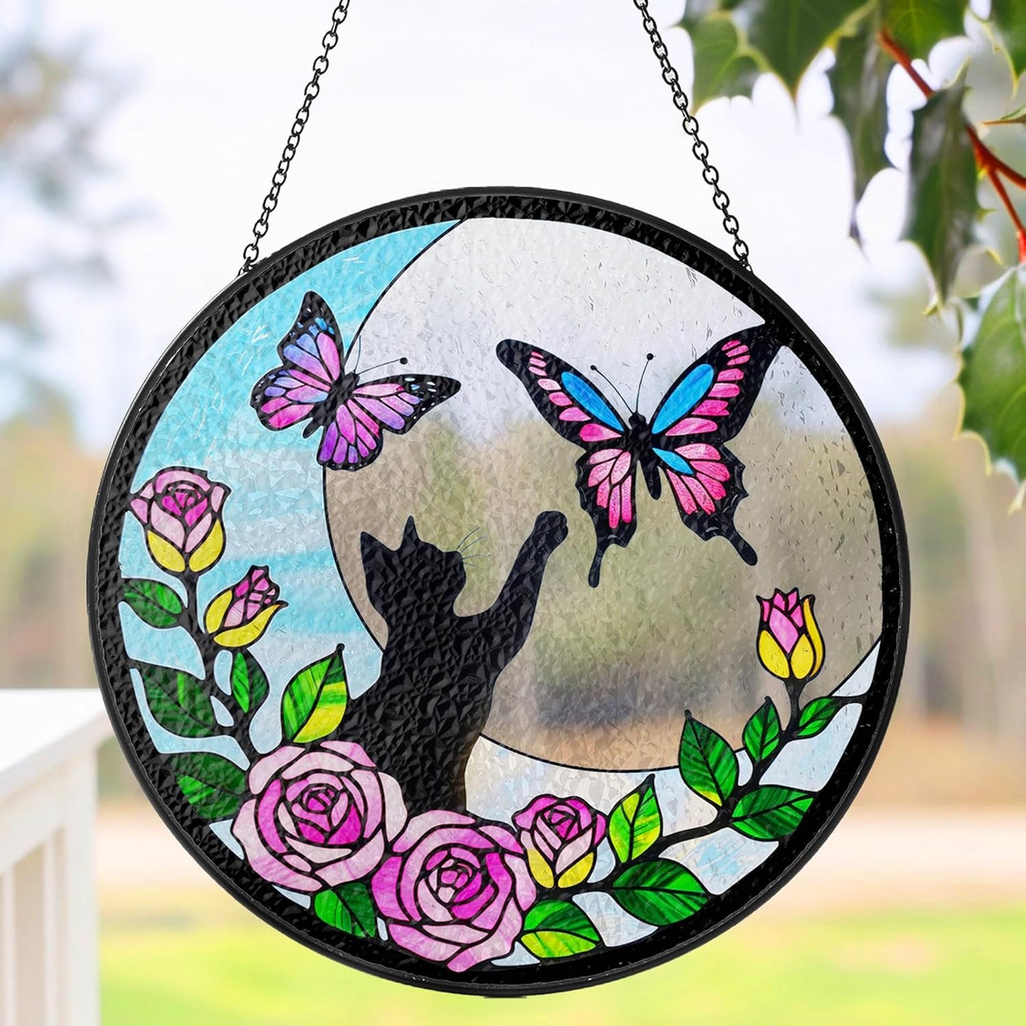 7.8" Cat Stained Glass Butterfly on Moon, Suncatcher Window Hanging, Suncatcher Garden Decor Housewarming, Gifts for Cat Lovers, Nature Lovers, Women, Mom, Friends PET-05D-SG8