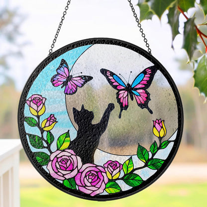 7.8" Cat Stained Glass Butterfly on Moon, Suncatcher Window Hanging, Suncatcher Garden Decor Housewarming, Gifts for Cat Lovers, Nature Lovers, Women, Mom, Friends PET-05D-SG8