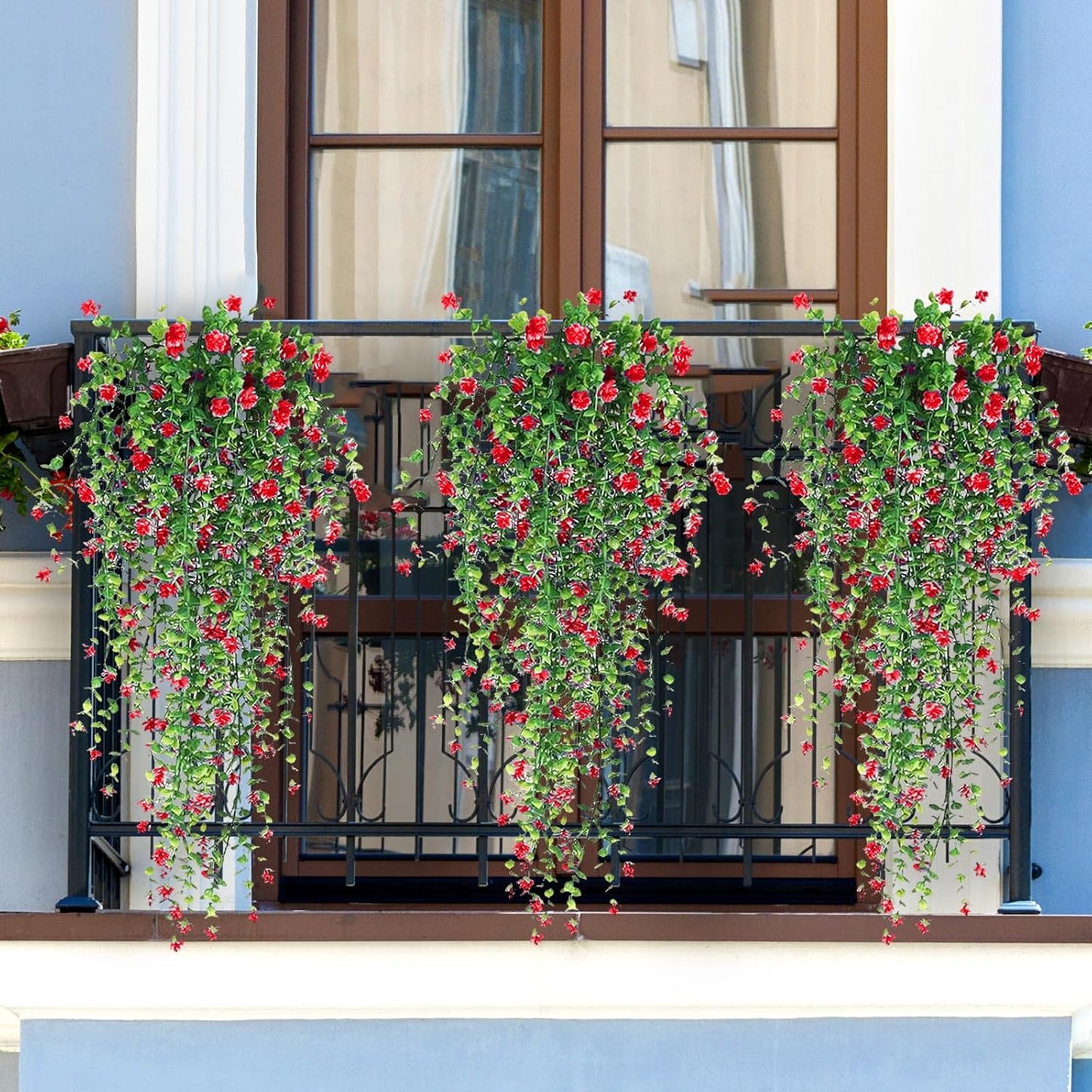 Artificial Hanging Flowers, 3 Pcs Fake Hanging Plants Artificial Vines for Outdoors, Fake Ivy Vine UV Resistant No Fade Faux Plants for Indoor Outside Garden Patio Yard Greenery Decoration (Dark Red)