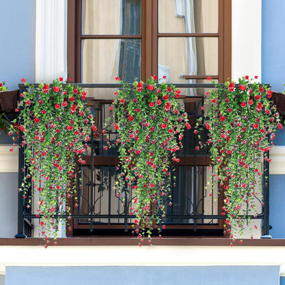 Artificial Hanging Flowers, 3 Pcs Fake Hanging Plants Artificial Vines for Outdoors, Fake Ivy Vine UV Resistant No Fade Faux Plants for Indoor Outside Garden Patio Yard Greenery Decoration (Dark Red)