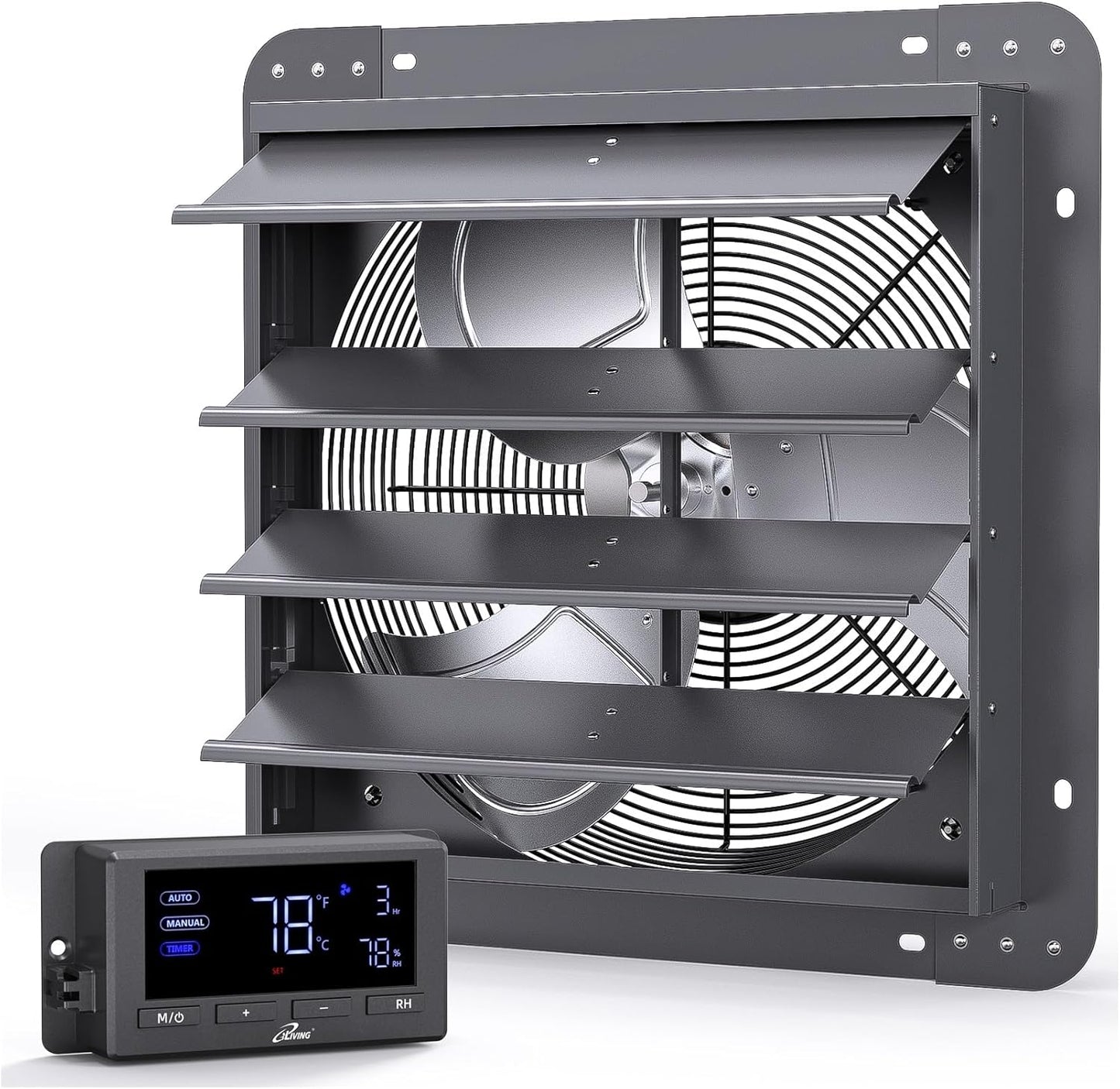 iLiving 14" Wall Mounted Shutter Exhaust Fan, Automatic Shutter, Temperature and Humidity Controls with Variable Speed, 1200 CFM at 1600 RPM DC Motor