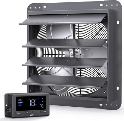 iLiving 14" Wall Mounted Shutter Exhaust Fan, Automatic Shutter, Temperature and Humidity Controls with Variable Speed, 1200 CFM at 1600 RPM DC Motor