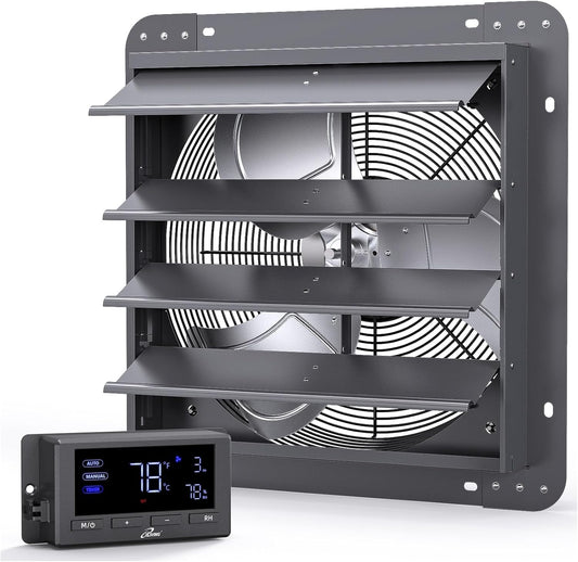 iLiving 14" Wall Mounted Shutter Exhaust Fan, Automatic Shutter, Temperature and Humidity Controls