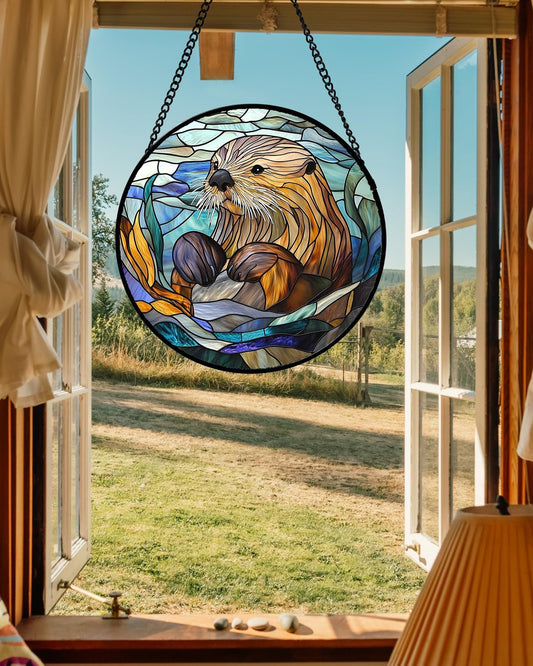 Stained Glass Suncatcher, Blue Ocean Cute Sea Otter Sun Catcher Stain Glass Window Hanging