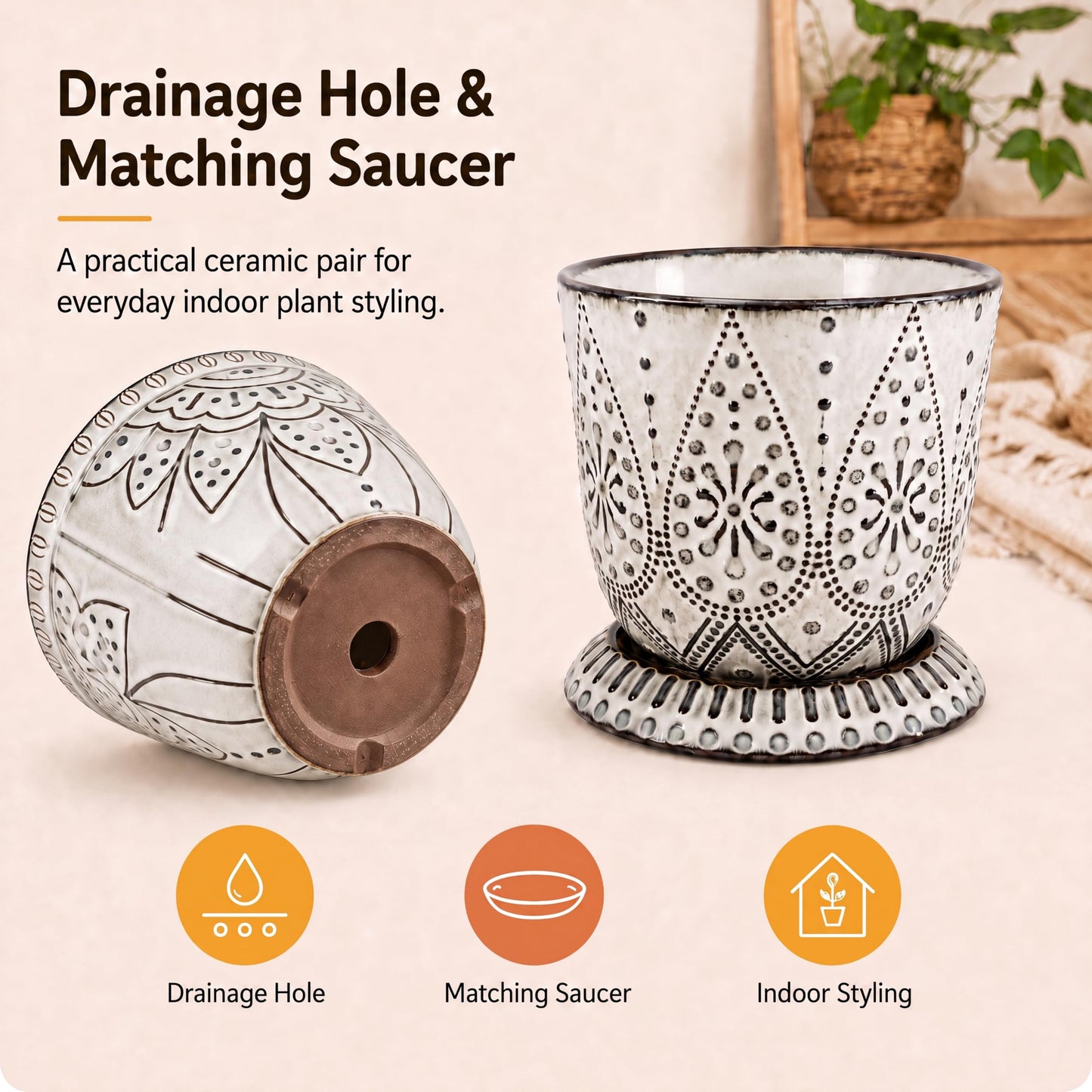 Gepege Ceramic Plant Pots, 6 Inch Indoor Planters with Drainage & Saucers