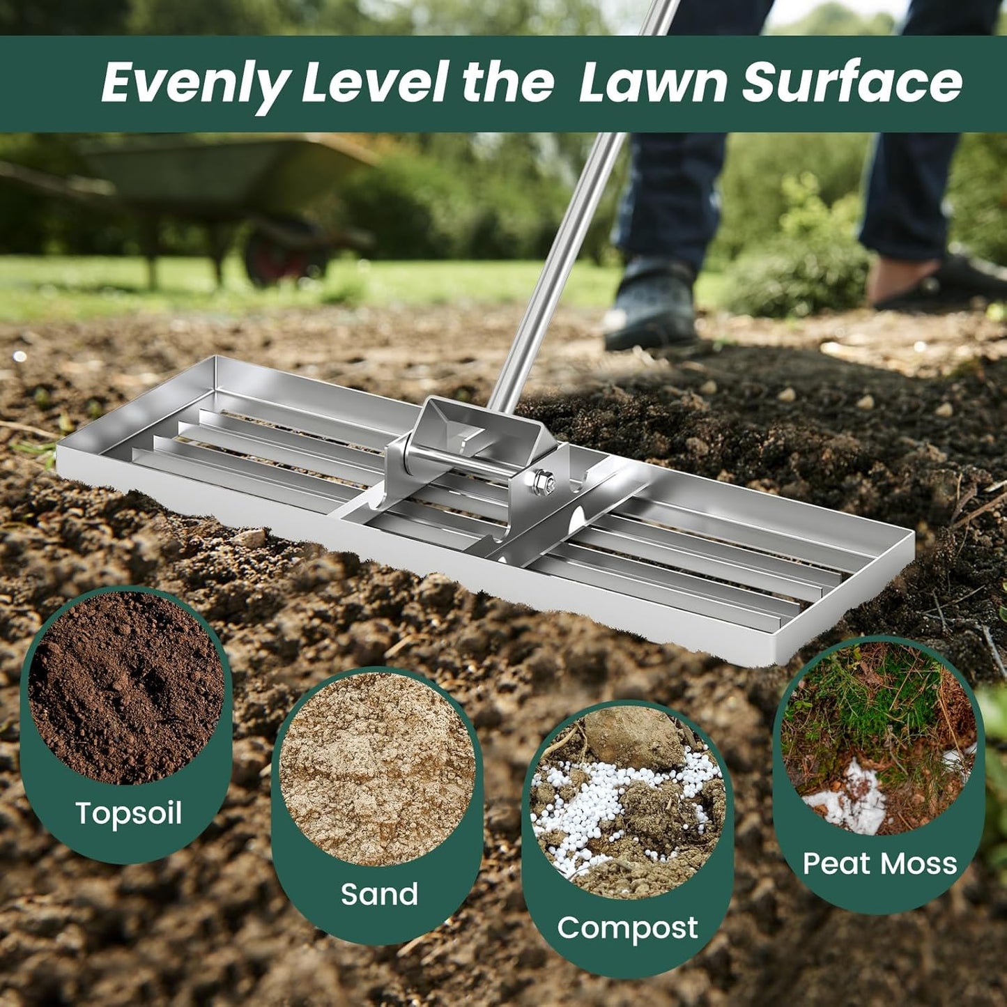 Goplus Lawn Leveling Rake, 30" x 10" Heavy Duty Level Lawn Tool w/ Ergonomic Handle for Soil, Effort-Saving Landscape Rake for Garden, Backyard, Golf Course, Farm, Pasture, Silver