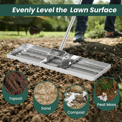 Goplus Lawn Leveling Rake, 30" x 10" Heavy Duty Level Lawn Tool w/ Ergonomic Handle for Soil, Effort-Saving Landscape Rake for Garden, Backyard, Golf Course, Farm, Pasture, Silver