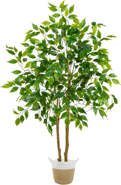 Artificial Ficus Tree, 4ft Tall Fake Ficus Tree with Basket, Faux Plant for Indoor Outdoor Home Livingroom Office Garden Porch Décor