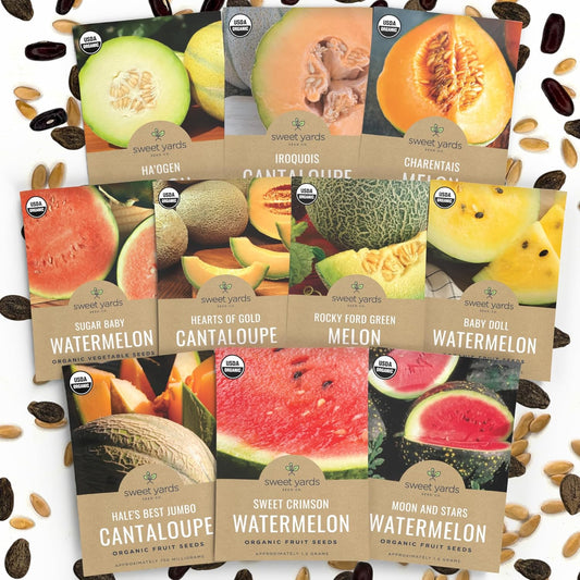 Organic Melon Seeds Variety Pack - 10 Individual Packs - 2025 Season - Sugar Baby, Charentais, Hearts of Gold and More! for Indoor & Outdoor Planting (Non-GMO, Certified Organic)