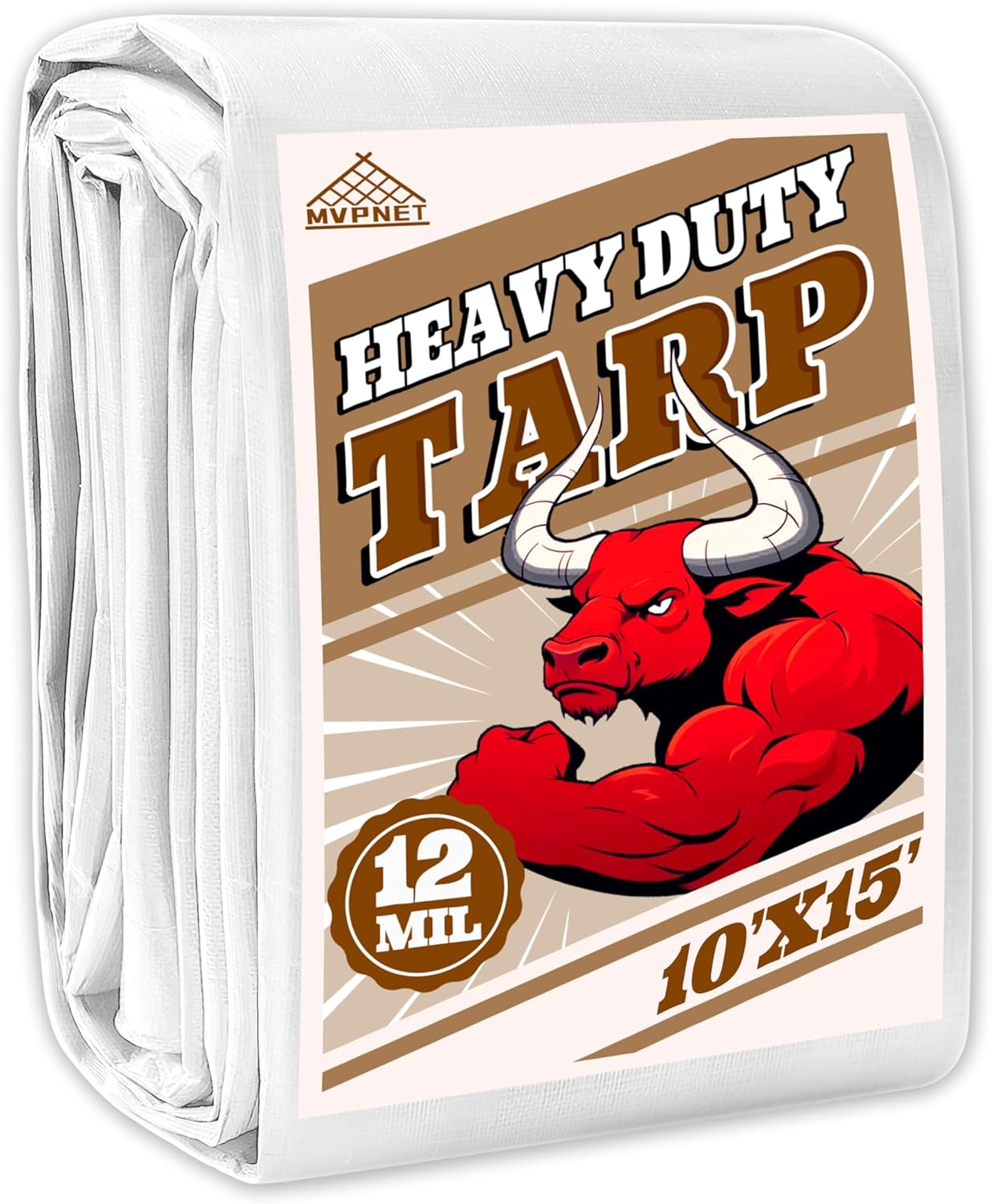 Tarp 10x15 ft Heavy Duty 12mil 100% Waterproof High Durability Multipurpose,Uv Resistant,White Tarp Suitable for Swimming Pools, Boats, Camping, Courtyards, Etc -by MVPNET