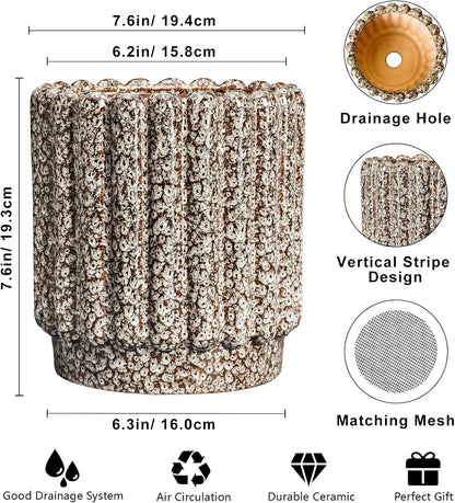 Ceramic Plant Pots - 7.6 Inch Ceramic Planters with Drainage Hole, Fluted Round Planter for Indoor Plants, Decorative Flower Pots Outdoor, Desk Decor, Garden Gifts, Leopard Print White