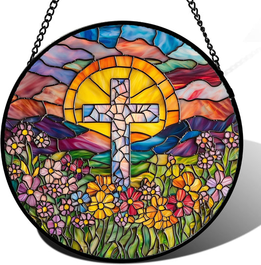 Stained Glass Window Hanging - Cross Flower Sea Sun Catcher for Door Terrace Garden Home Decor