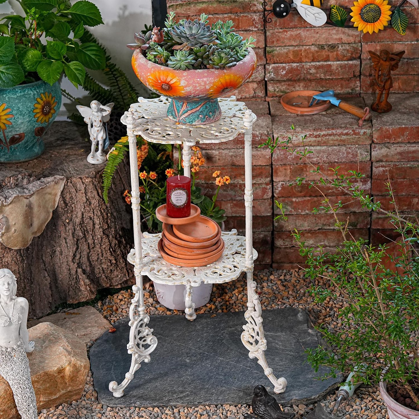 Sungmor Vintage Cast Iron 2-Tier Plant Stand, Elegant Butterfly & Floral Design with Antique White Finish, 24 Inch Tall Rustic Flower Pot Holder, Heavy Duty Metal Display Shelf for Indoor and Outdoor