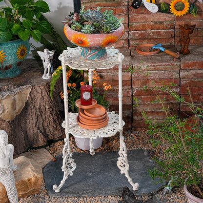 Sungmor Vintage Cast Iron 2-Tier Plant Stand, Elegant Butterfly & Floral Design with Antique White Finish, 24 Inch Tall Rustic Flower Pot Holder, Heavy Duty Metal Display Shelf for Indoor and Outdoor