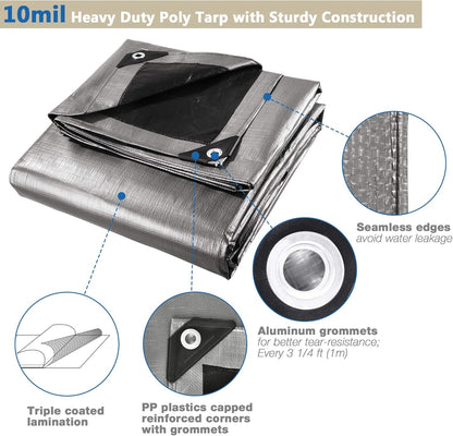 Yescom 12x20 Ft 10 Mil Poly Tarp Protective Cover Tarpaulin Heavy Duty Reversible Silver Black Tarps