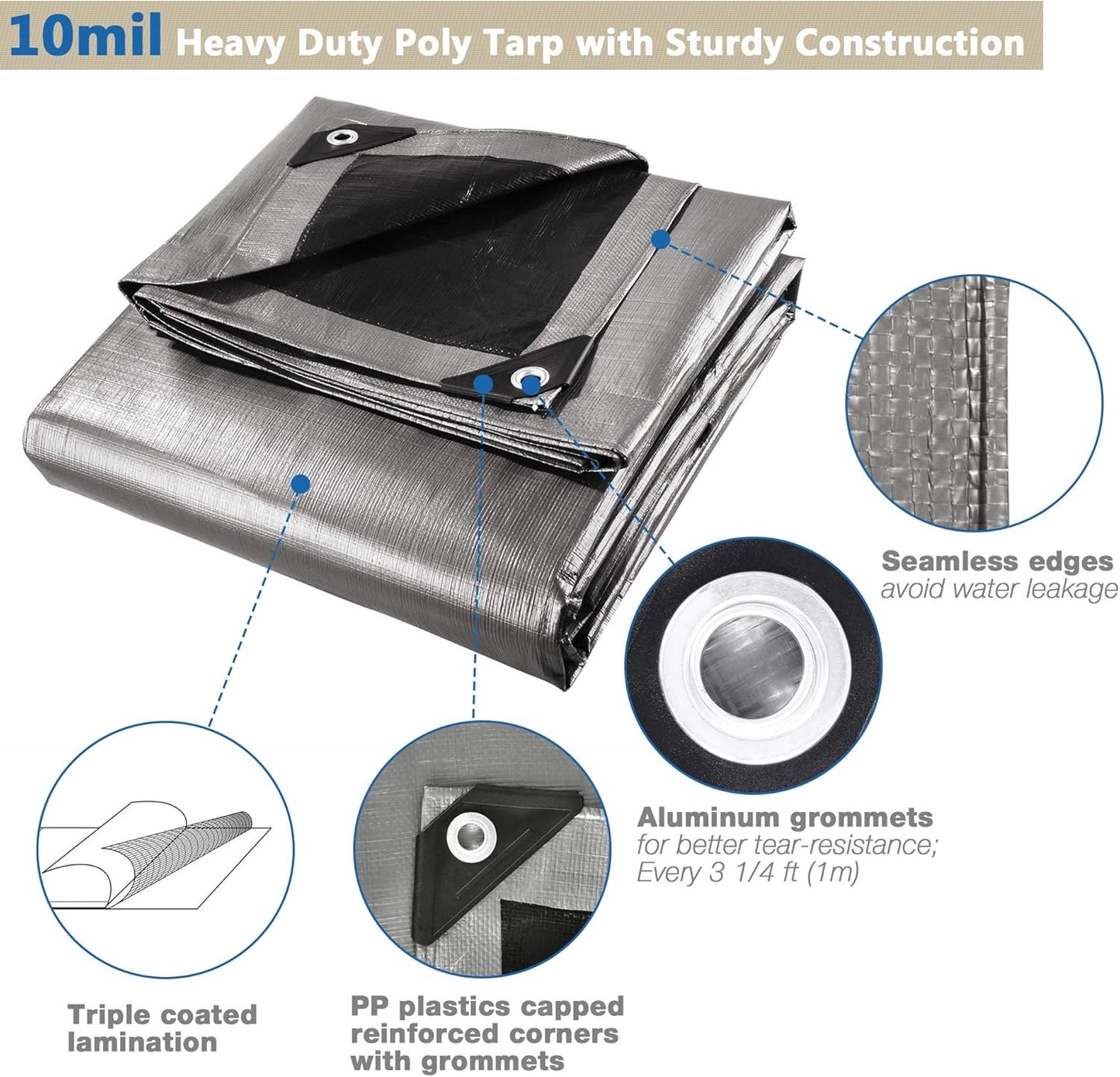 Yescom 9x12ft Heavy Duty Reinforced Poly Tarp Waterproof Tarpaulin 10-mil Ground Sheet Camping Tent Cover with Eyelets Reversible Silver Black Tarps