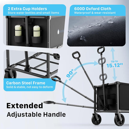 Collapsible Wagon Cart with Wheels, 150L Lightweight Foldable Utility Cart, Portable Rolling Wagon for Garden, Shopping, Sports, Camping, Transport, Black