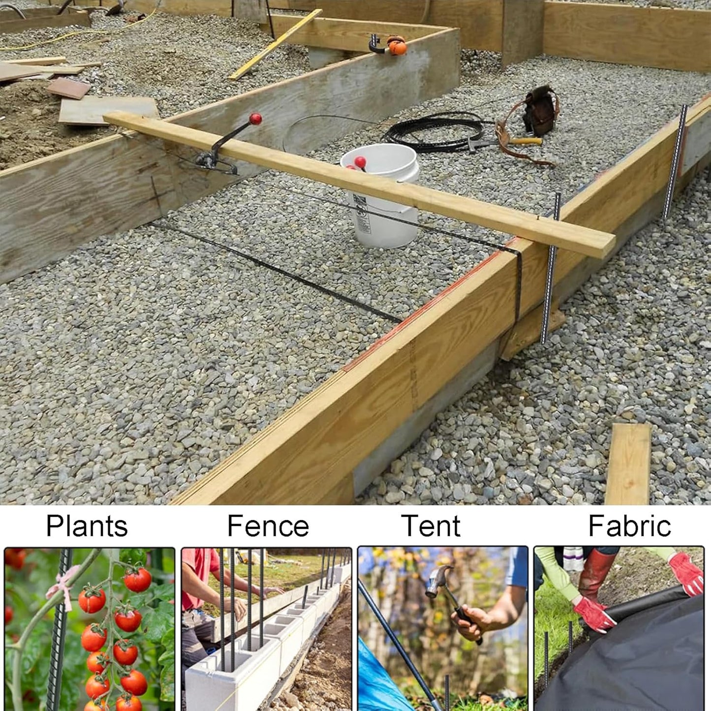 16 Inch Ground Rebar Stakes Heavy Duty Steel Ground Anchors for Outdoor, Straight Metal Stakes with Chisel Point end, Black Powder Coated (8)