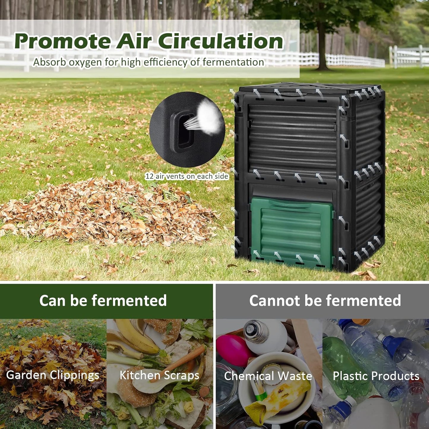 Happygrill Outdoor Compost Bin, Composting Box w/Top Flip Latch-on Lid,80 Gallons Composter for Kitchen Waste & Garden Scraps, Compost Barrel for Fast Creation of Fertile Soil (Black+Green)