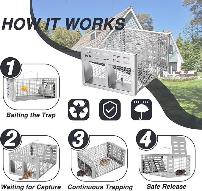 Rat Trap, Humane Live Rat Trap & Automatic Reset Mouse Traps with Dual One-Way Door Design –Catch and Release for Mice, Chipmunks, Hamsters, and Other Rodents, Indoors & Outdoors(2PCS Silver)