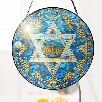 FLAGWIX Christmas Hanukkah Gifts for Women Men - Stained Glass Window Hanging 8 in - Christmas Decorations for Home Indoor Window, Religious Spiritual Gifts for Mom, Hanukkah Sun Catcher Hanging Decor