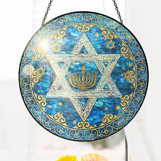 FLAGWIX Christmas Hanukkah Gifts for Women Men - Stained Glass Window Hanging 8 in - Christmas
