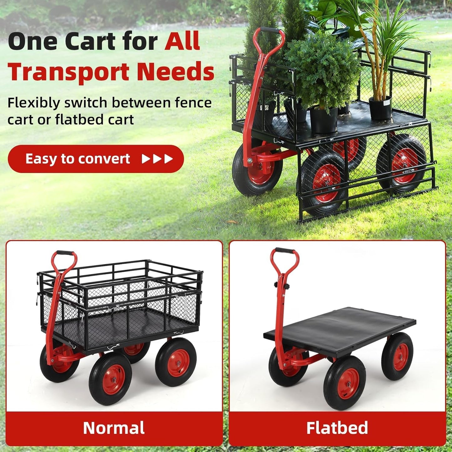 1400 Lbs Heavy Duty Utility Garden Carts and Wagons with 180° Rotating Handle and Removable Sides, Steel Yard Dump Wagon Carts with 16" All Terrain Tires
