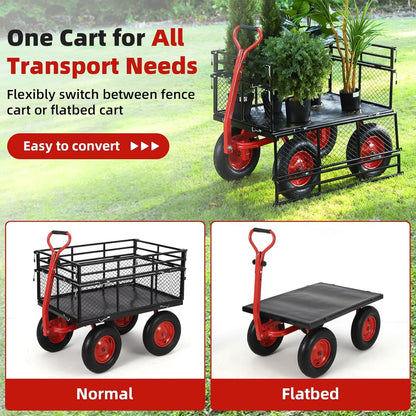 1400 Lbs Heavy Duty Utility Garden Carts and Wagons with 180° Rotating Handle and Removable Sides, Steel Yard Dump Wagon Carts with 16" All Terrain Tires