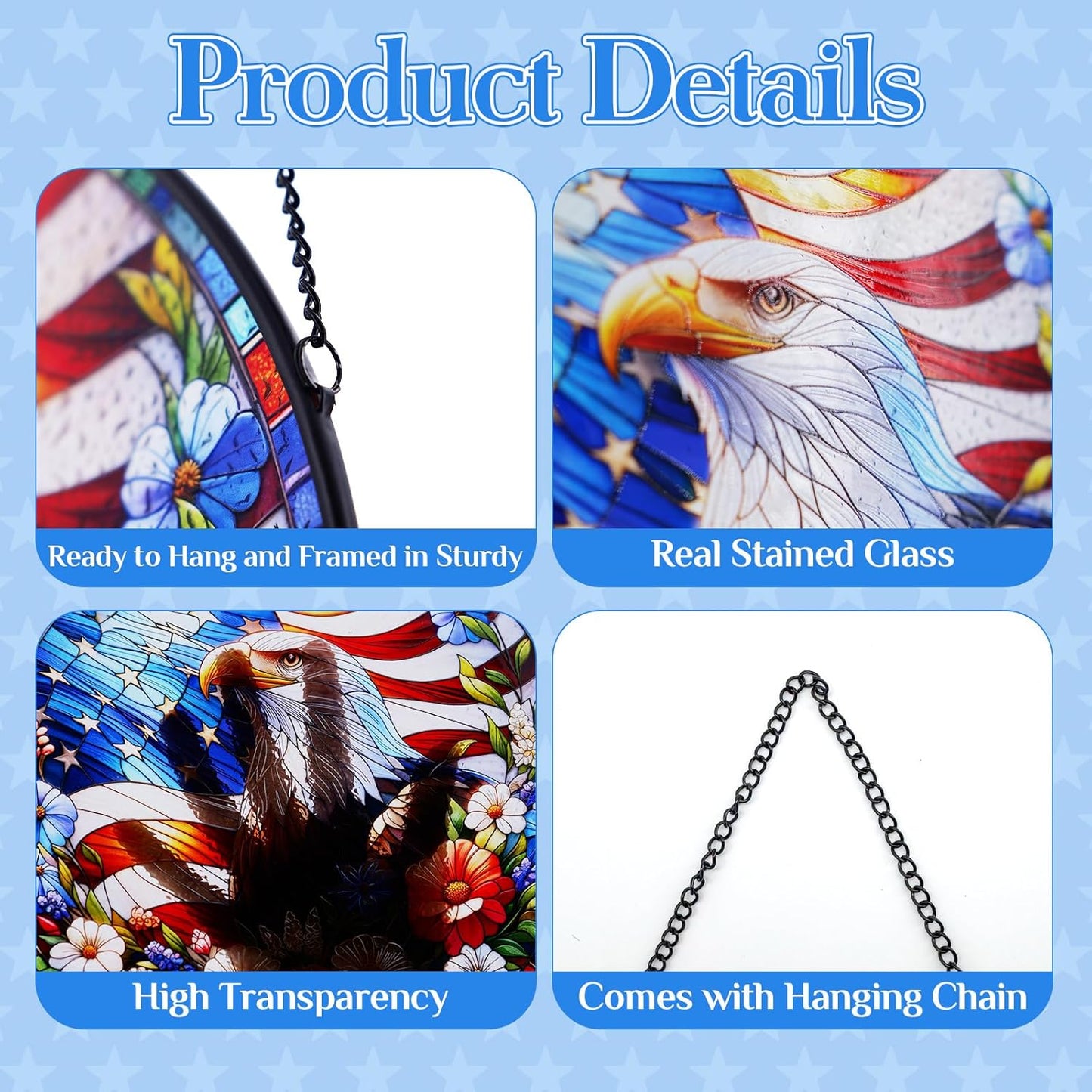 Stained Glass Hanging Bald Eagle Suncatcher, Renyalora 10 Inch Round Real Glass Patriotic Window Panel with American Flag and Wildflowers Sun Catcher for Indoor Windows, Garden, Outdoor Wall Decor