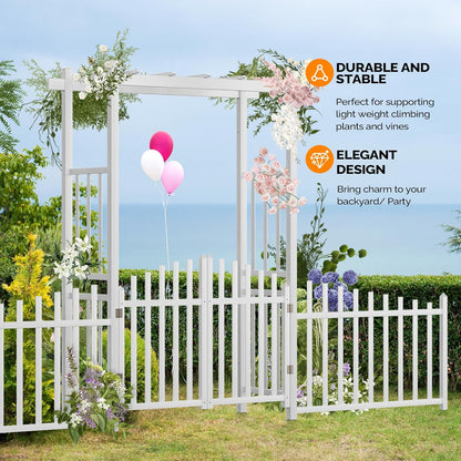 VINGLI Garden Arbor with Gate and Fence, PVC Wedding Arch for Ceremony Party, Garden Trellis for Climbing Plants Outdoor, Arch Backdrop Stand for Garden, Backyard, Lawn, Wedding
