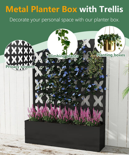 Metal Planter Box with Trellis,70.9"x47.2"x15.7" Raised Garden Bed with Drainage Holes, Privacy Planters for Outdoor Garden Bed for Climbing Plants,Vegetables,and Vines, Black-X