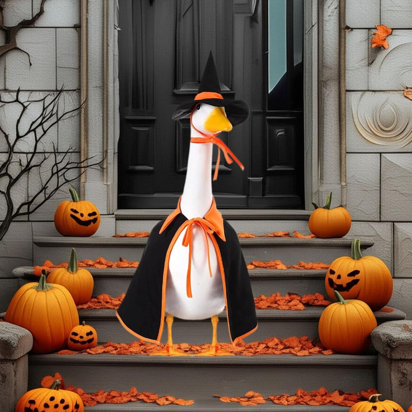 Halloween Porch Goose Outfit Set for 23'' Plastic Statue Lawn Porch Goose Clothes with Cloak Hat Costume for Indoor Outdoor Patio Yard Lawn Art Decor(Orange)
