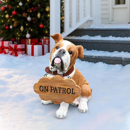 English Bulldog Statue Outdoor Decorations – Outdoor Dog Statue Fawn English Bulldog with Replaceable Solar Light & Welcome Sign for Porch Décor
