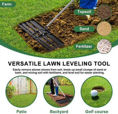30x10 inch Lawn Leveling Rake, Yumatum 72" Effort Saving Lawn Leveler Tool, Stainless Steel Handle Lawn Leveler for Golf Course Yard Pasture Garden, Professional Lawn Care Landscape Rake