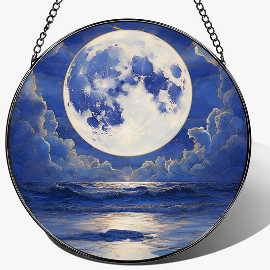 8'' Full Moon Over Ocean Sun Catcher Ornament, Stained Glass Window Hanging, Suncatchers for