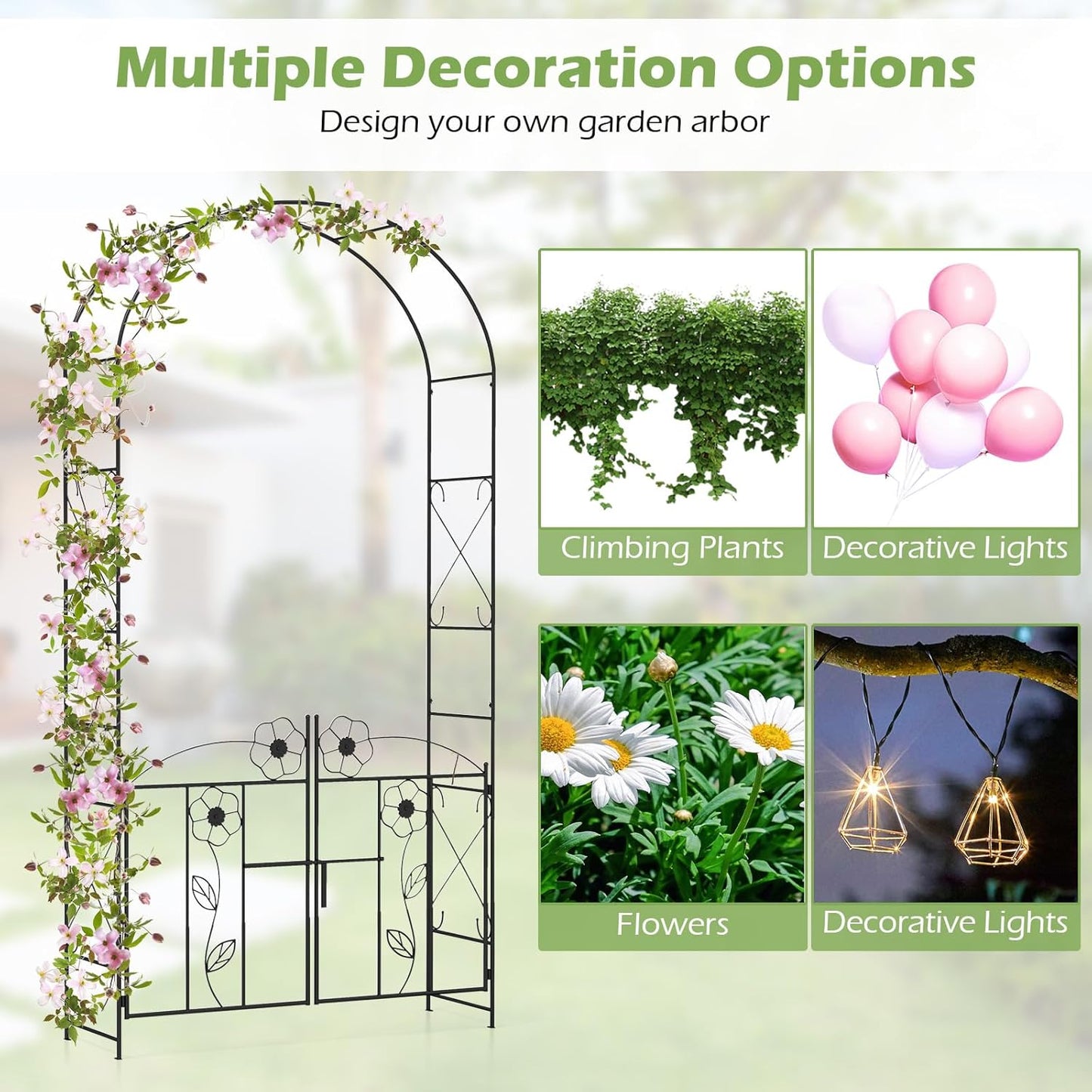 Giantex Garden Arbor with Gate, 7.5FT Metal Arch Trellis for Climbing Plants Rose Ivy, Archway Pergola with Flower Door, 4 Stakes, Garden Arch for Wedding Ceremony Bridal Party Decoration