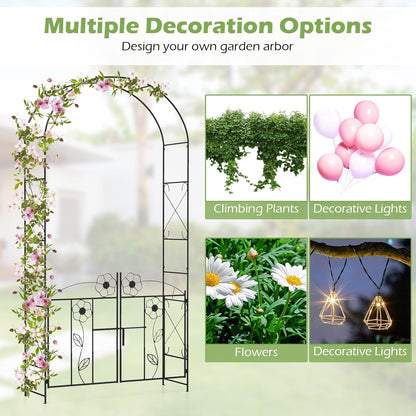 Giantex Garden Arbor with Gate, 7.5FT Metal Arch Trellis for Climbing Plants Rose Ivy, Archway Pergola with Flower Door, 4 Stakes, Garden Arch for Wedding Ceremony Bridal Party Decoration
