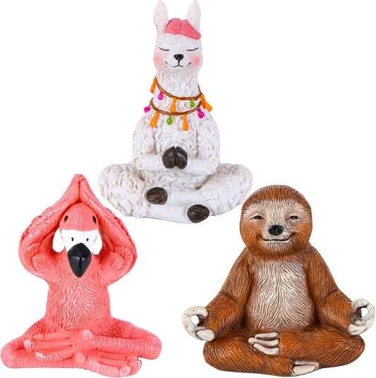 Mood Lab Miniature Yoga Figurines Set - Funny Mini Statue Kit of 3 pcs - Flamingo, Lama & Sloth in Meditation Pose - Fairy Garden Decor