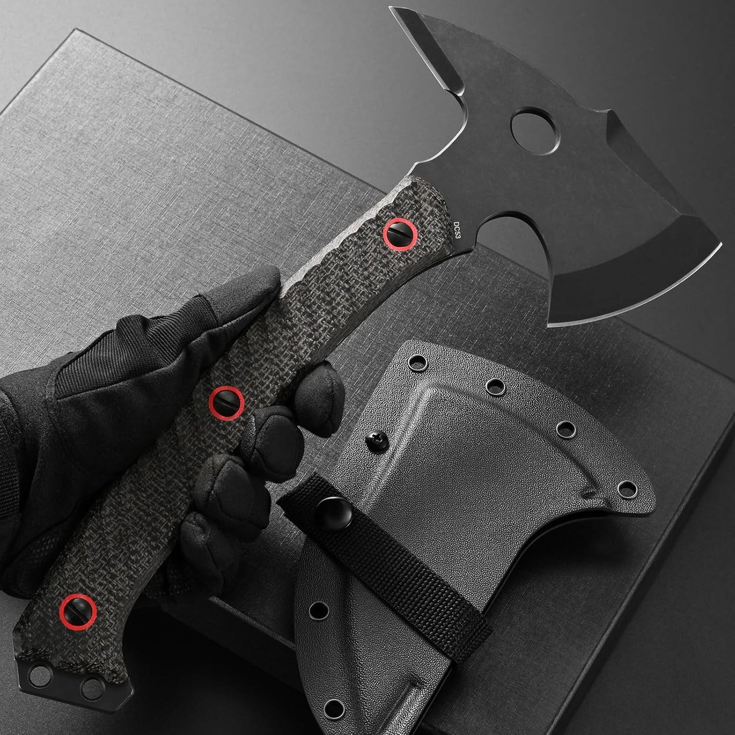 C1342 Camping Axes,DC53 Steel Blade Micarta Handle Chopping Axe Bushcraft Camping Axes Survival Hatchet Full Tang Axe for Hiking Hunting Camping Splitting Chopping Wood(Black)