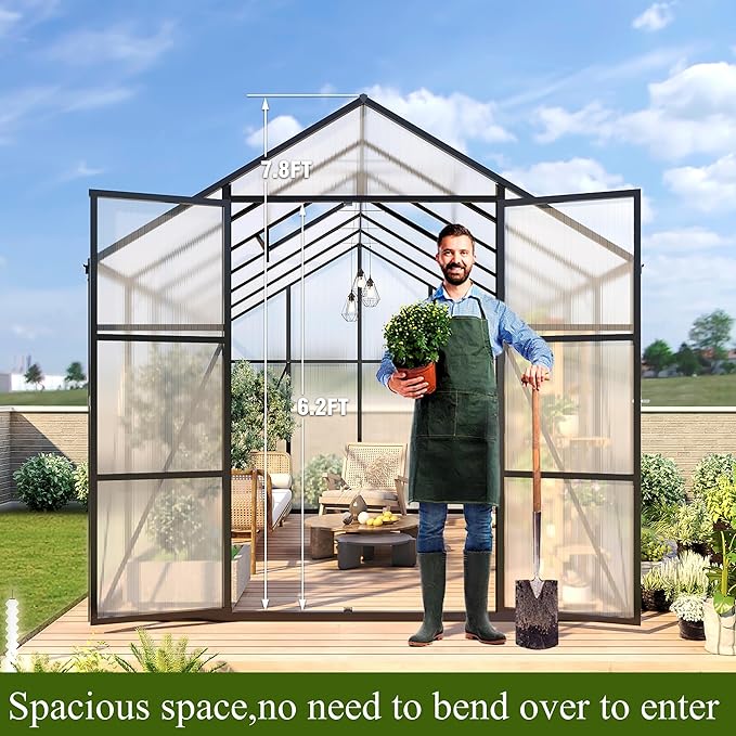 92in High 10*12FT Greenhouse for Outdoors,Polycarbonate Greenhouse with Stronger Wind Protection and Roof Vent,Walk-in Large Aluminum Sunroom Winter Proof,Black