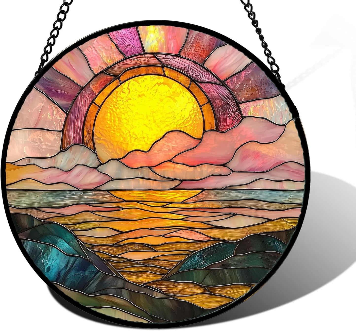 Stained Glass Window Hanging, Sunrise Over The Sea Suncatcher Diamond Glass Panel Hangings Abstract Sun Catchers Decor for Birthday for Women, Men, Wife, Aunt, and Mom 6.3 in