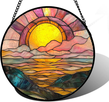 Stained Glass Window Hanging, Sunrise Over The Sea Suncatcher Diamond Glass Panel Hangings Abstract Sun Catchers Decor for Birthday for Women, Men, Wife, Aunt, and Mom 6.3 in