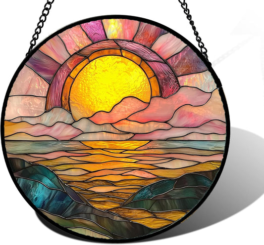 Stained Glass Window Hanging, Sunrise Over The Sea Suncatcher Diamond Glass Panel Hangings Abstract
