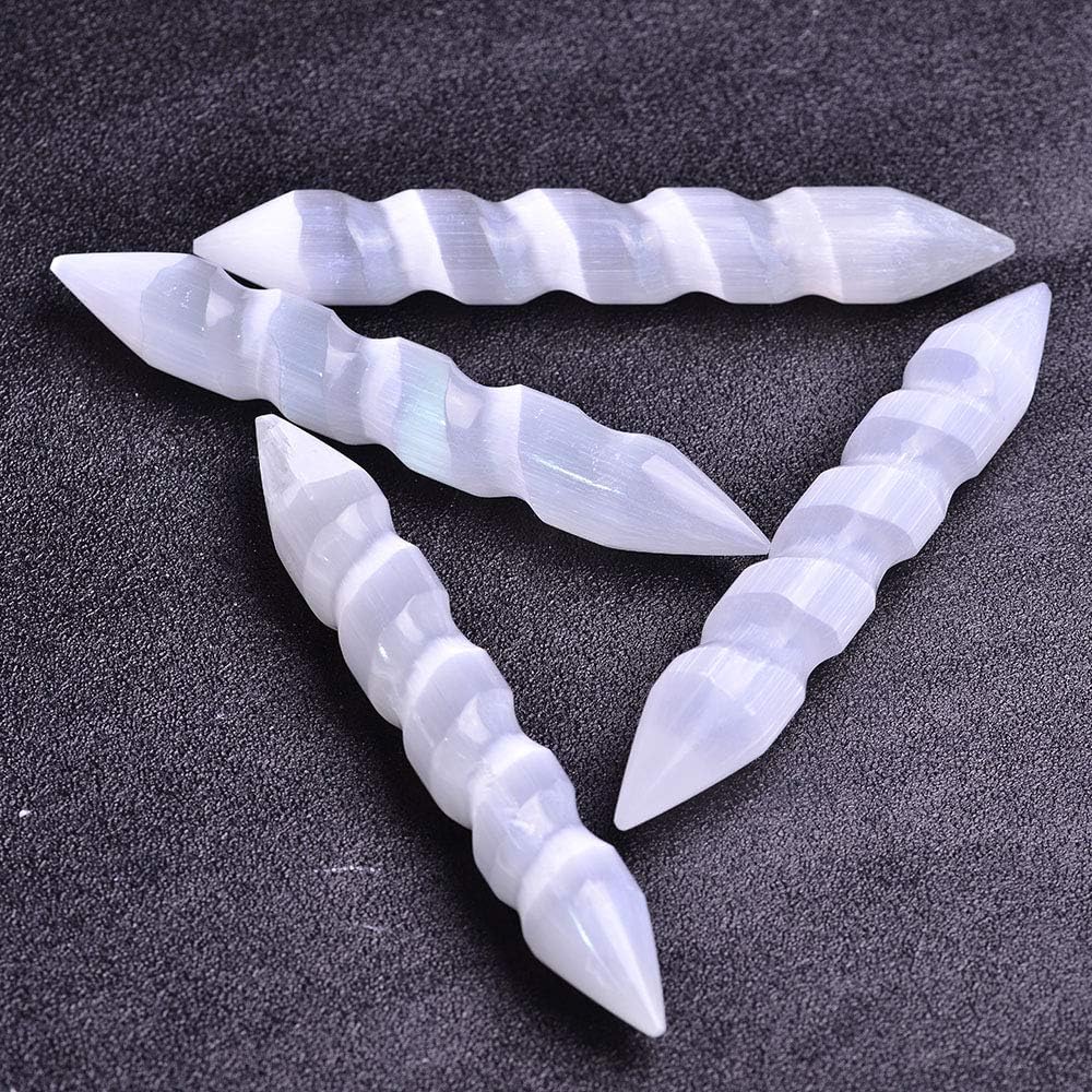 JIC Gem 4pc Selenite Spiral Wand Double Point Moroccan Selenite Crystals and Healing Stones 6-6.5 inch