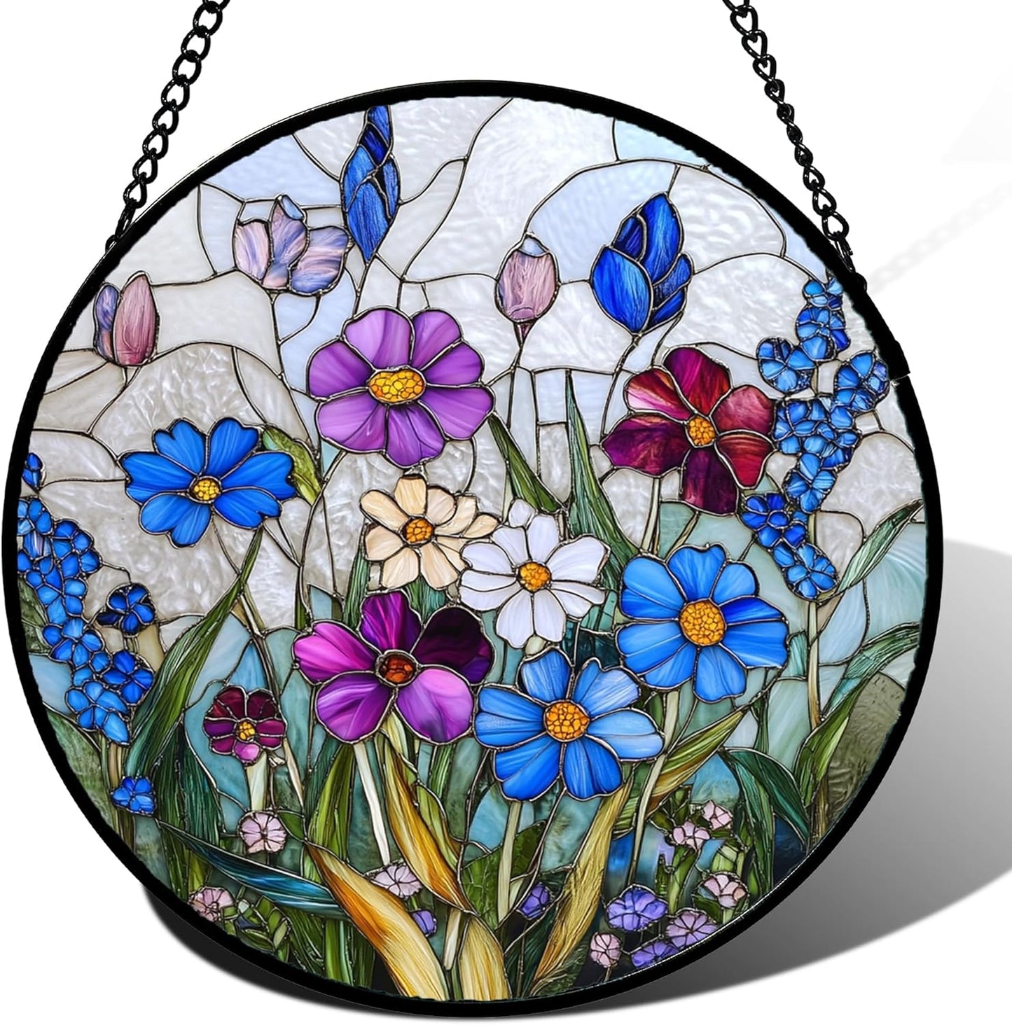 Stained Glass Window Hanging Blue Purple Wildflowers Large 11.8" - Suncatcher Door Garden Sunroom Sun Catcher Home Decor Birthday Christmas for Mom Men Woman Nana Friend